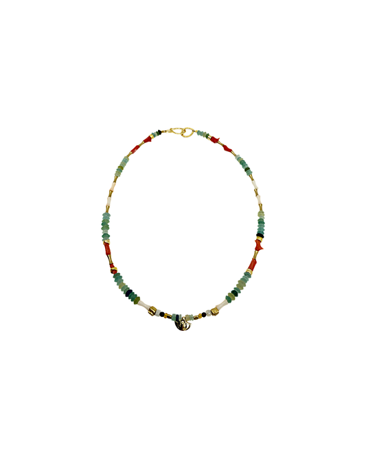 ARTIZ | 'Spring Collection Necklace – Short (13)’ | Red coral / Antique Roman glass / bronze / turquoise / enamel