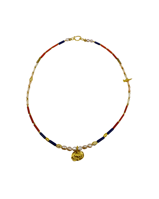 ARTIZ | 'Spring Collection Necklace – Short (3') | Freshwater pearls / quartz / glass beads / gold plated bronze Roman charm / pink cora