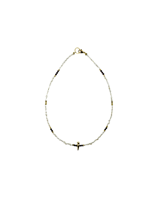 ARTIZ | 'Spring Collection Necklace – Short (5)' | Freshwater pearls / smokey quartz / glass beads / gold plated bronze bird charm