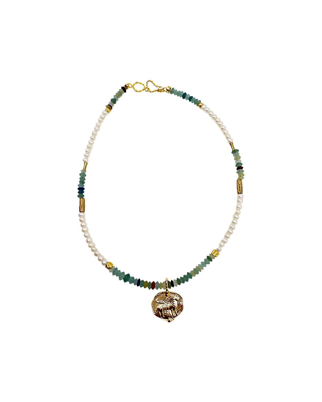 ARTIZ | 'Spring Collection Necklace – Short (6)’ | Freshwater pearls / antique Roman glass / bronze charm