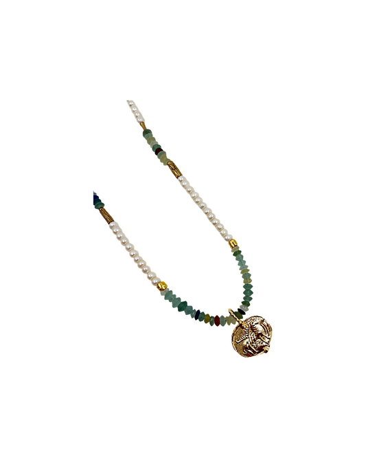 ARTIZ | 'Spring Collection Necklace – Short (6)’ | Freshwater pearls / antique Roman glass / bronze charm