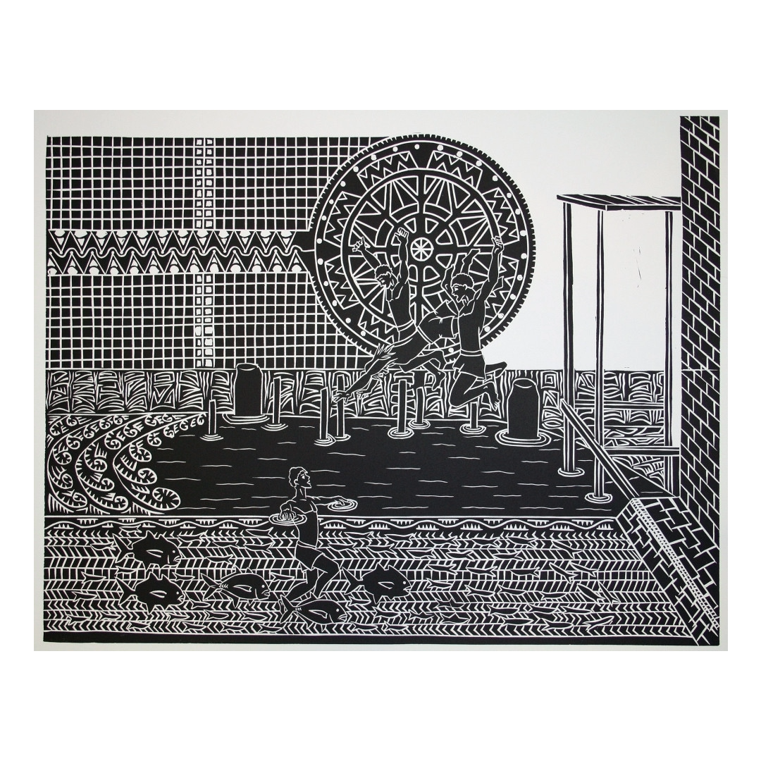 TOMMY PAU | 'Swimming at Tamwoy Wharf' | Linocut