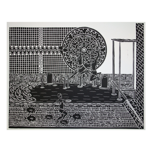 TOMMY PAU | 'Swimming at Tamwoy Wharf' | Linocut