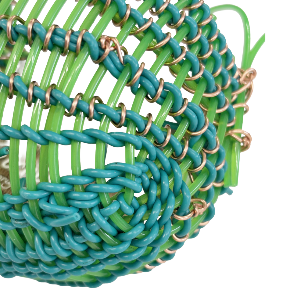 TONYA GRANT - Girringun Art Centre | 'Recycled Wire Jawun (basket)' | Green two-tone electrical wire