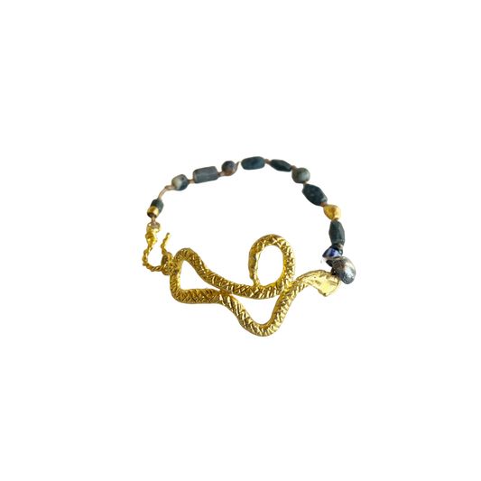 ARTIZ | 'Gold Plated Serpent Bracelet' | Bronze / jade / blue glass beads