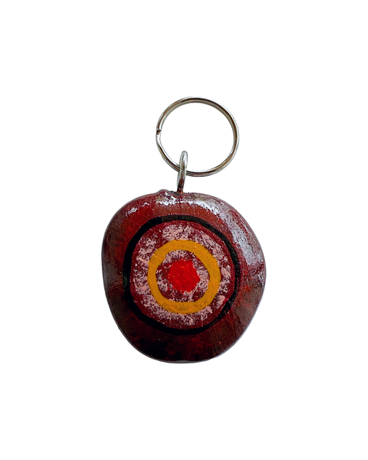 SHERYL J BURCHILL | ‘Rainforest or Sea’ | Burnie bean keyring / hand painted | Red / black / pink / orange