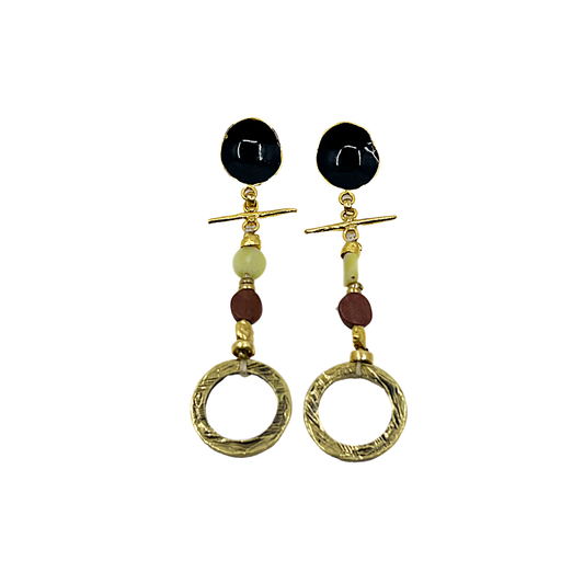 ARTIZ | 'Spring Collection (39)' Earrings | Black enamel / green & brown jade | bronze disc