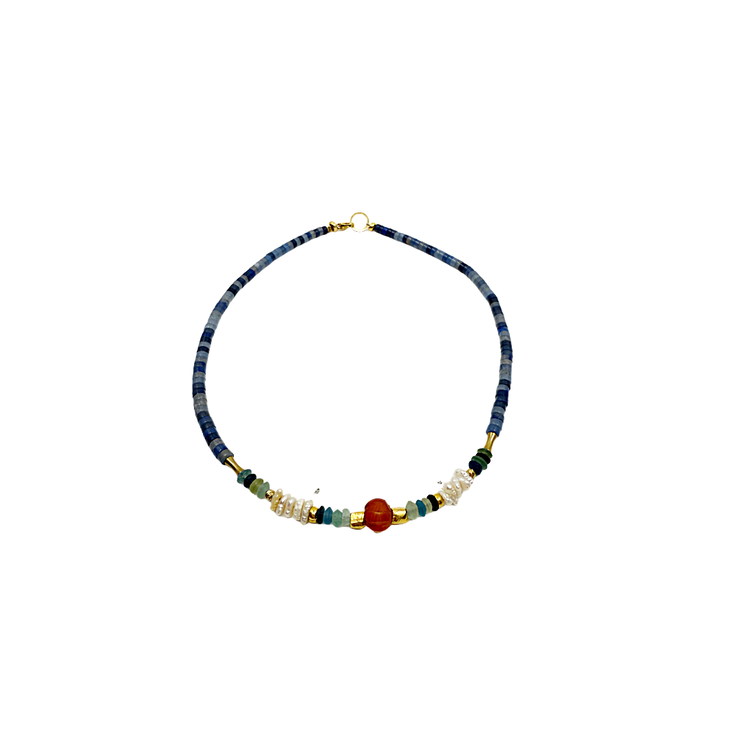 ARTIZ | 'Autumn Collection (5)' Necklace (short) | Lazuli/pearl/antique glass/agate