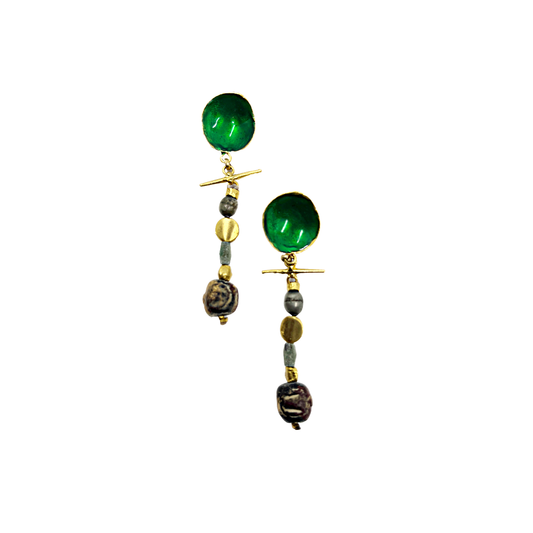 ARTIZ | 'Spring Collection (42)'  Earrings | Green enamel / silver / jade / ancient stone