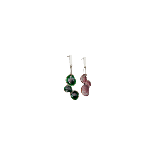 LOIS HAYES DESIGNS | ‘Spring Collection – Earrings #2' | Silver / copper / pink + green enamel