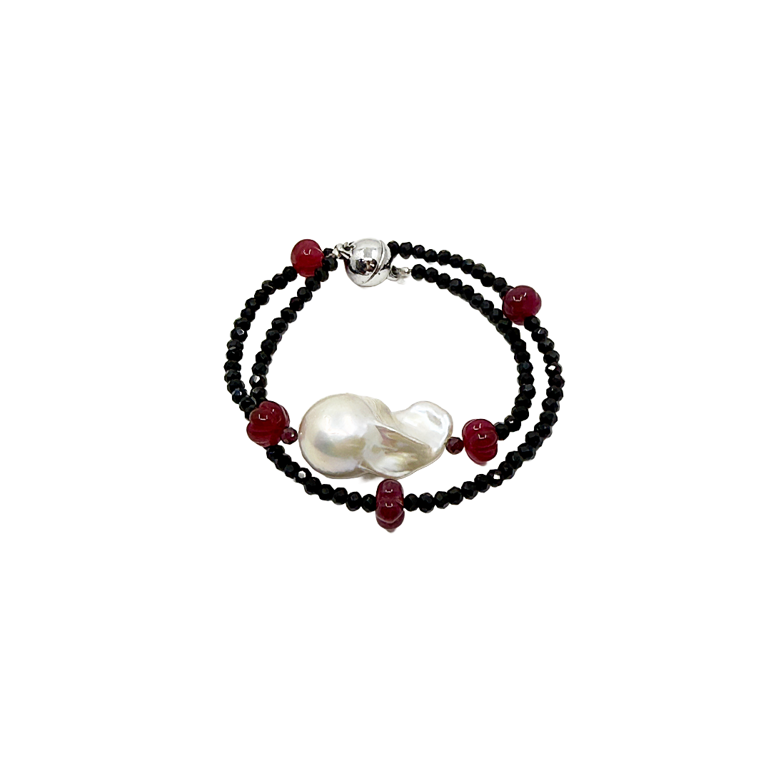 PEARL AND SALTY PLUM | ‘Pearl and Ruby Wrap Bracelet’ | Mixed media