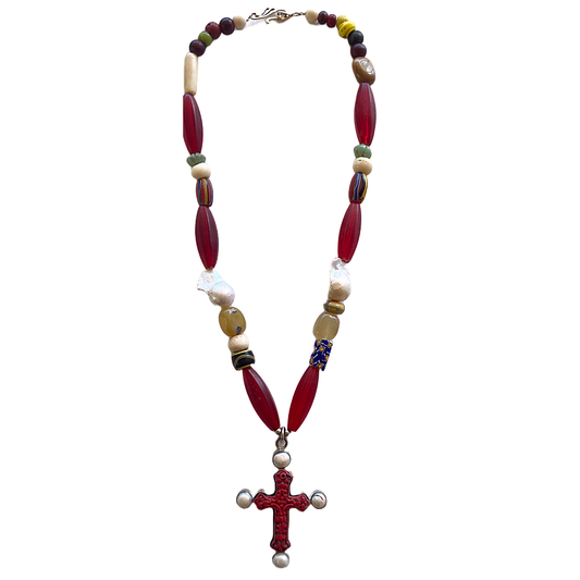 PEARL AND SALTY PLUM | ‘Red Cross Necklace’ | Mixed media