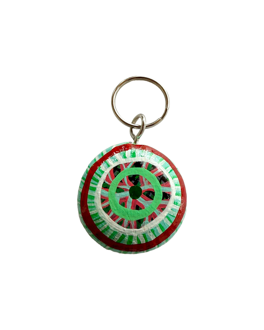 SHERYL J BURCHILL | ‘Rainforest or Sea’ | Burnie bean keyring / hand painted | Green / red / white / black / blue