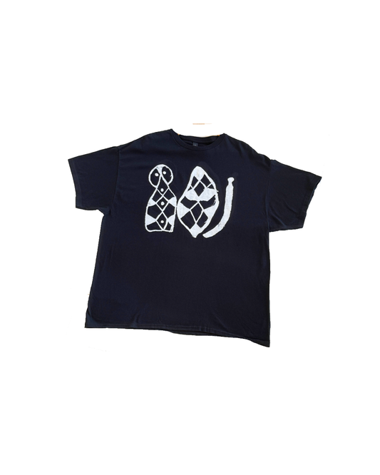 GIRRINGUN ART CENTRE | 'Shield + Bagu by Phillip Denham' T-shirt  | Black fabric / white design | Screenprint on cotton