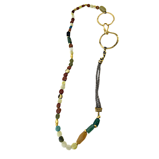 ARTIZ |'Two Bronze Hoops + Metallic Rope Necklace' |Jade / Ancient Roman glass / bronze pieces