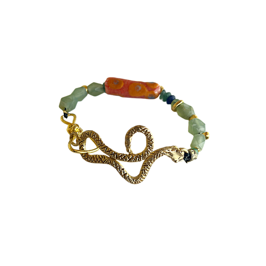 ARTIZ | 'Serpent with African glass bead bracelet' | Bronze and gold plated serpent / jade