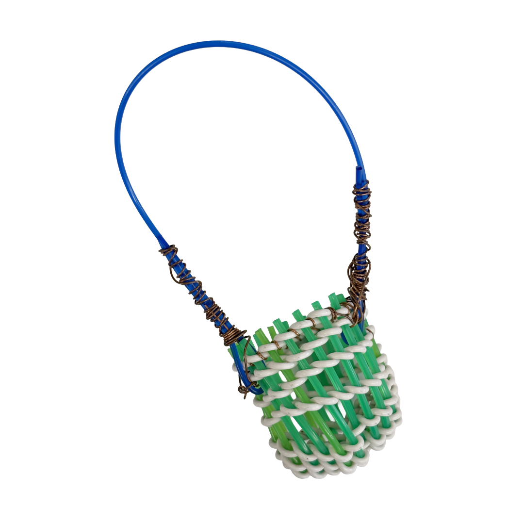 TONYA GRANT - Girringun Art Centre | 'Recycled Wire Jawun (basket)' | Green / white / blue electrical wire