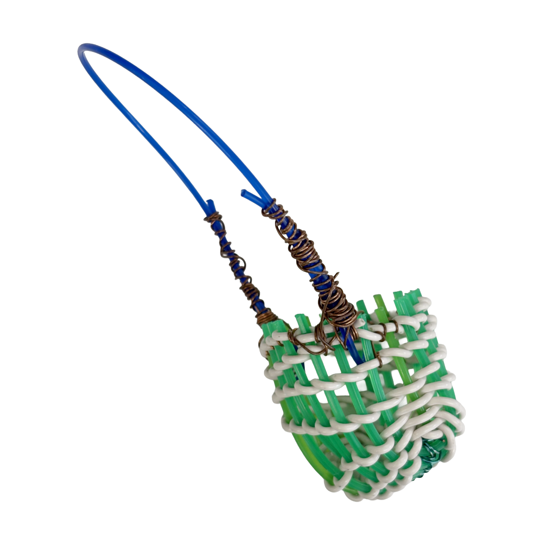 TONYA GRANT - Girringun Art Centre | 'Recycled Wire Jawun (basket)' | Green / white / blue electrical wire