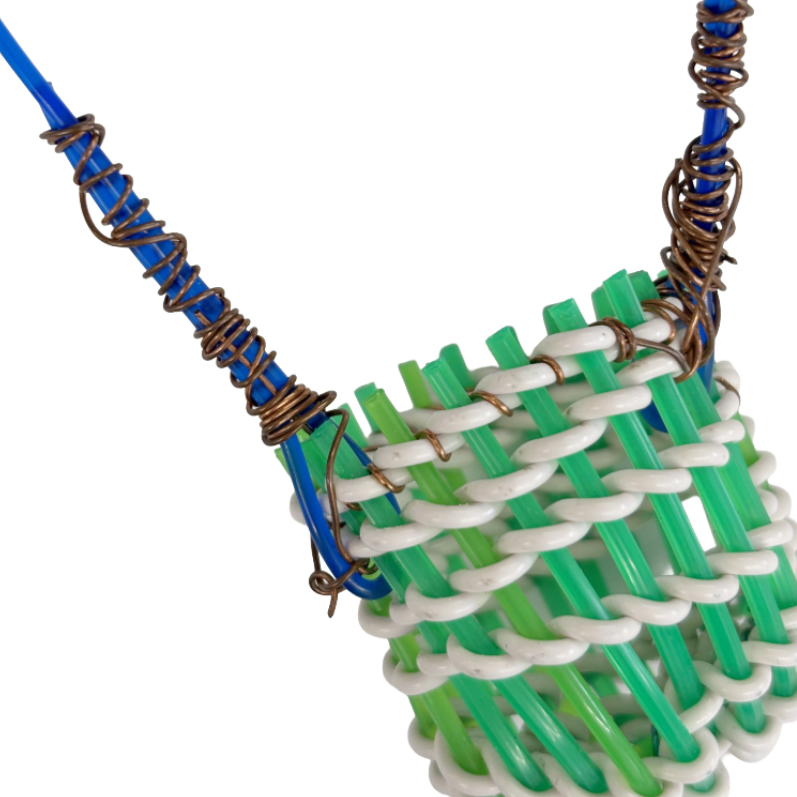 TONYA GRANT - Girringun Art Centre | 'Recycled Wire Jawun (basket)' | Green / white / blue electrical wire
