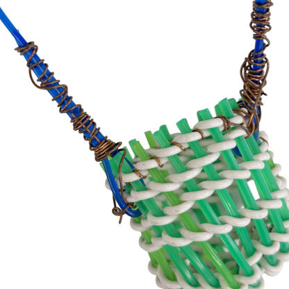 TONYA GRANT - Girringun Art Centre | 'Recycled Wire Jawun (basket)' | Green / white / blue electrical wire