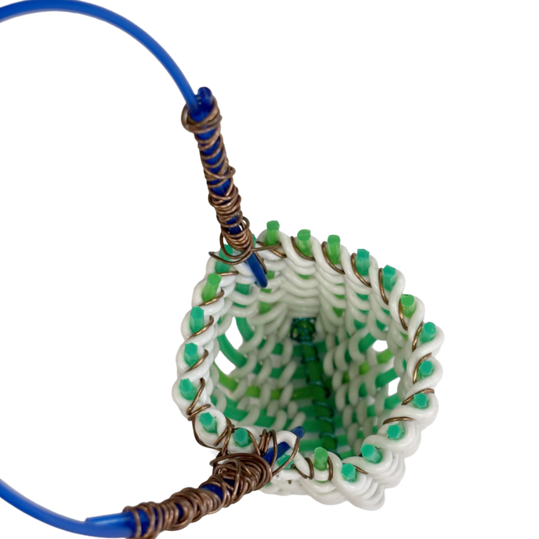 TONYA GRANT - Girringun Art Centre | 'Recycled Wire Jawun (basket)' | Green / white / blue electrical wire