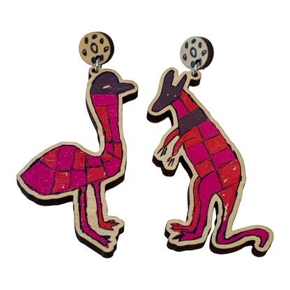 MUNIMBA-JA ART CENTRE - 'Uncle Noel Earrings'- Pink | Printed Timber | Stainless Steel Stud