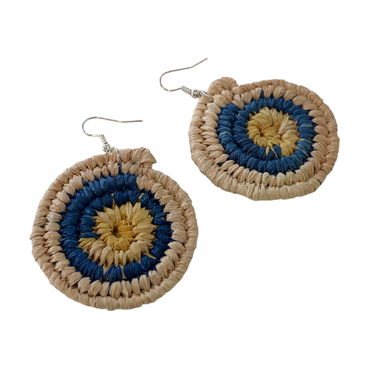 WEAVED BY THE SEA | ‘Medium Earrings- Blue / Yellow / Natural’ | woven raffia | stainless steel hook