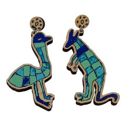 MUNIMBA-JA ART CENTRE - 'Uncle Noel Earrings'- Blue | Printed Timber | Stainless Steel Stud