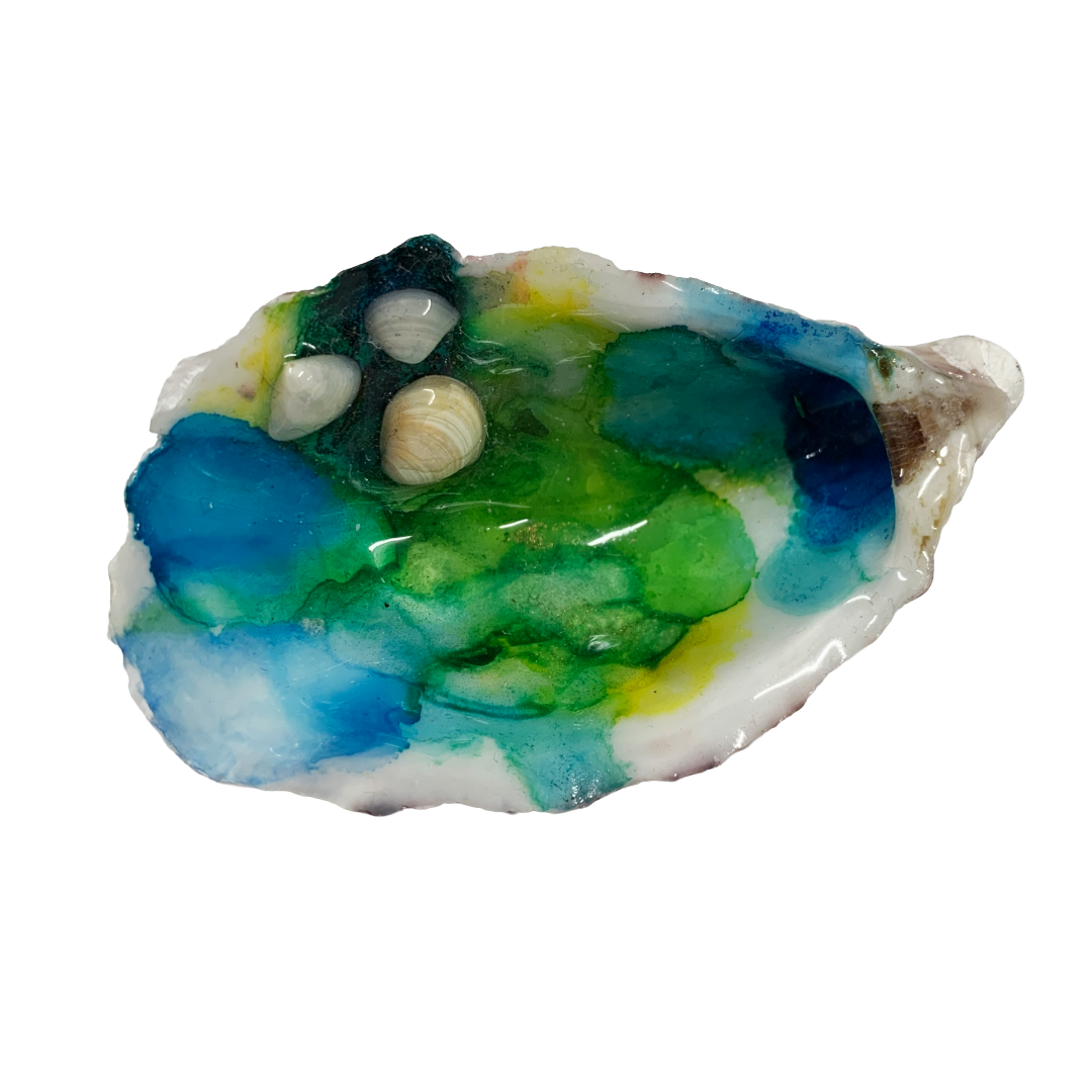 FLASH BLAK | ‘Oyster Shell’ – blue / green / yellow + shells | recycled oyster shell | alcohol ink + resin