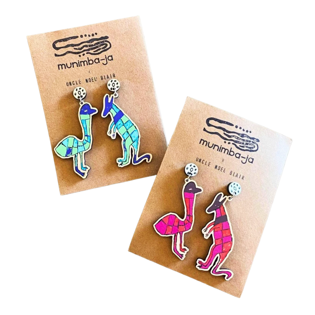 MUNIMBA-JA ART CENTRE - 'Uncle Noel Earrings'- Blue | Printed Timber | Stainless Steel Stud