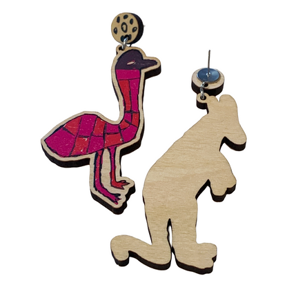 MUNIMBA-JA ART CENTRE - 'Uncle Noel Earrings'- Pink | Printed Timber | Stainless Steel Stud