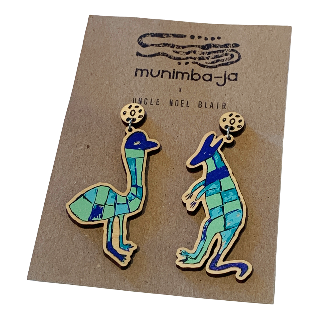 MUNIMBA-JA ART CENTRE - 'Uncle Noel Earrings'- Blue | Printed Timber | Stainless Steel Stud