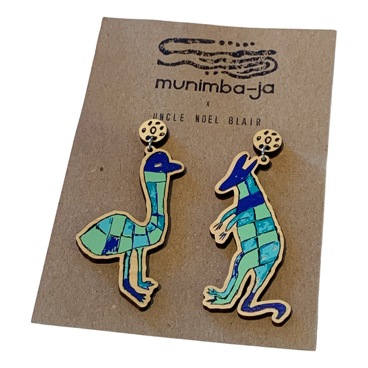 MUNIMBA-JA ART CENTRE - 'Uncle Noel Earrings'- Blue | Printed Timber | Stainless Steel Stud