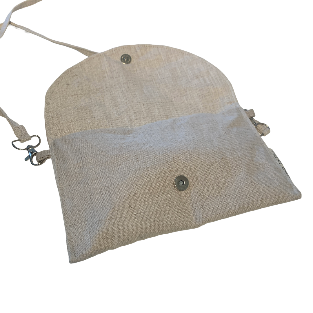 JUST BEE DESIGNS | ‘White Coral on Flax’ Art Clutch / Shoulder Bag | Removable Strap | Pure linen / handprinted