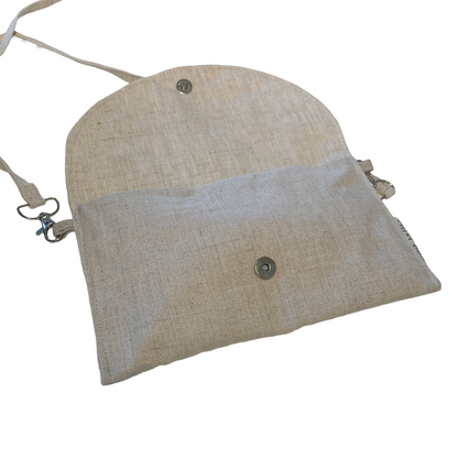 JUST BEE DESIGNS | ‘White Coral on Flax’ Art Clutch / Shoulder Bag | Removable Strap | Pure linen / handprinted