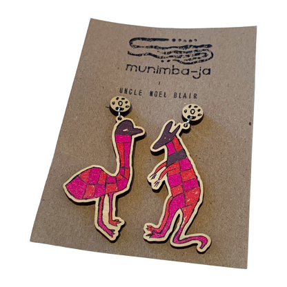 MUNIMBA-JA ART CENTRE - 'Uncle Noel Earrings'- Pink | Printed Timber | Stainless Steel Stud