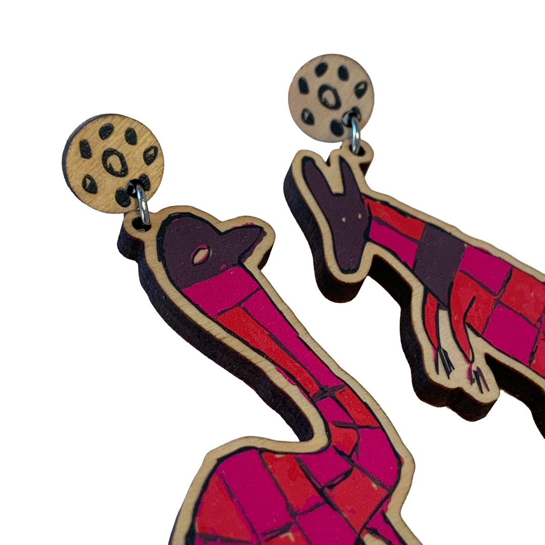 MUNIMBA-JA ART CENTRE - 'Uncle Noel Earrings'- Pink | Printed Timber | Stainless Steel Stud