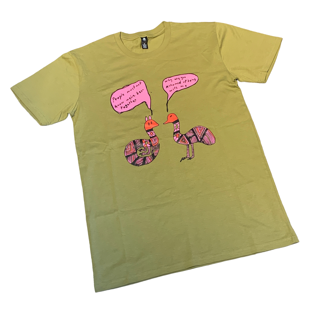 MUNIMBA-JA ART CENTRE x  UNCLE NOEL (GULLA) BLAIR |  'People Must Not Know' | T-shirt / short sleeves / green