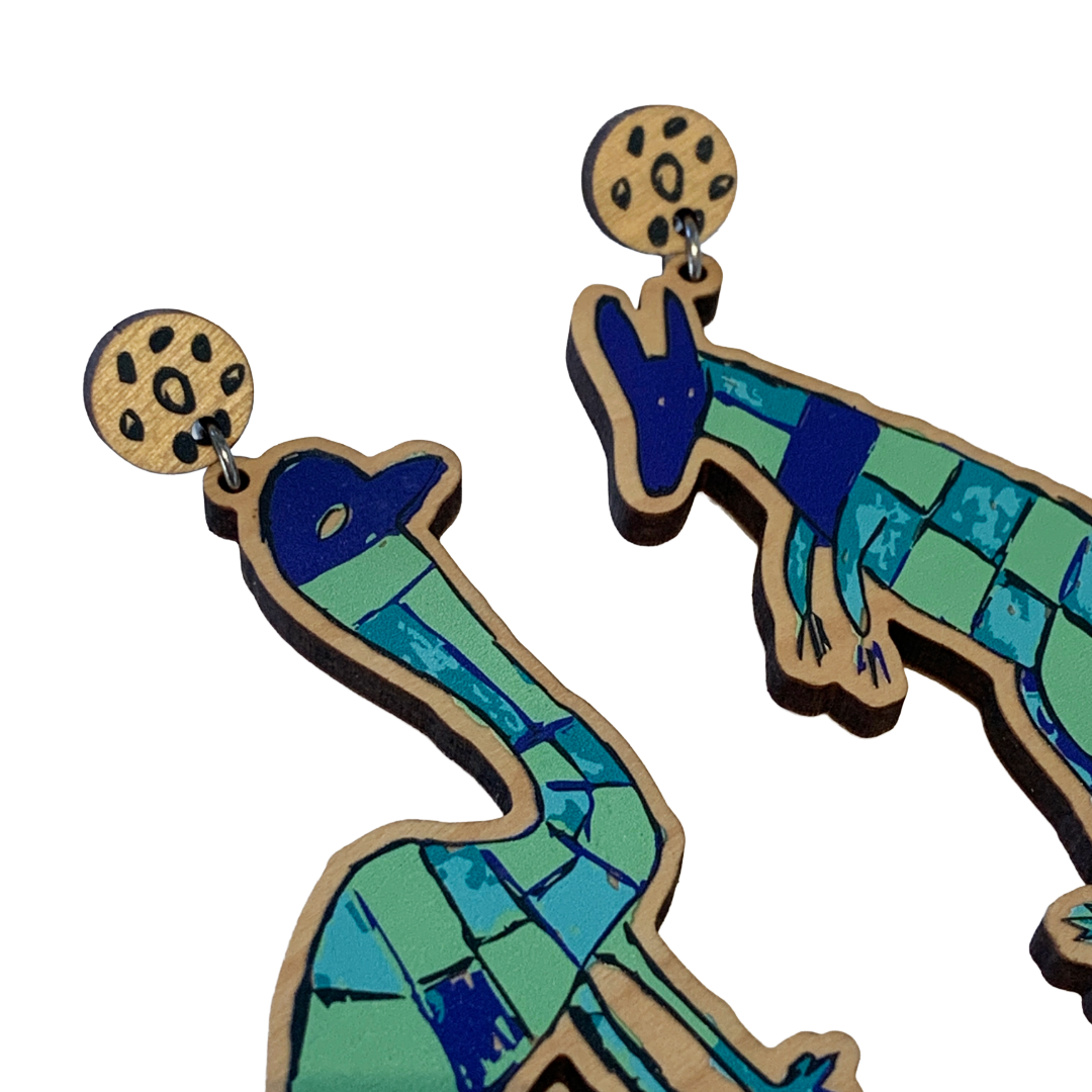 MUNIMBA-JA ART CENTRE - 'Uncle Noel Earrings'- Blue | Printed Timber | Stainless Steel Stud