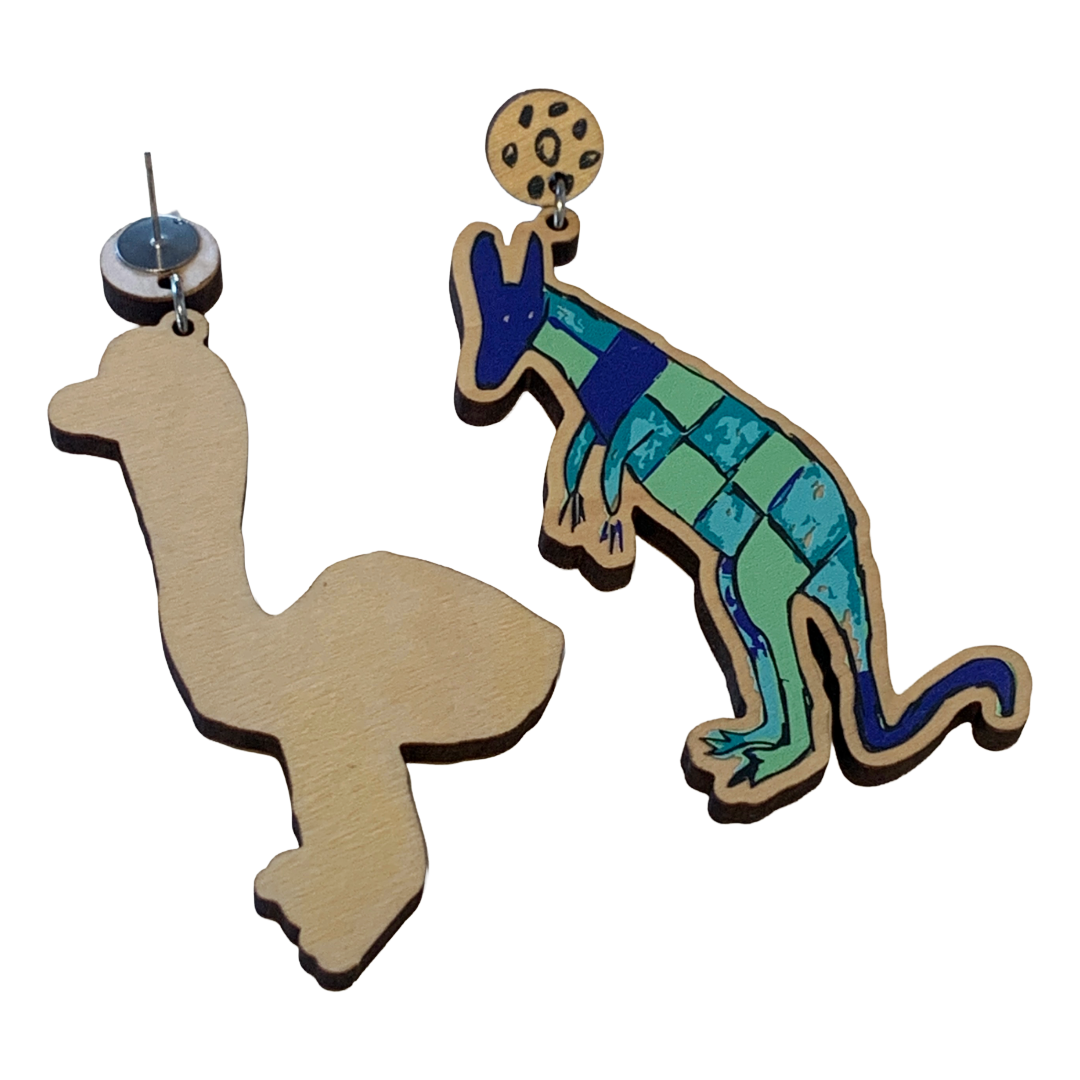 MUNIMBA-JA ART CENTRE - 'Uncle Noel Earrings'- Blue | Printed Timber | Stainless Steel Stud