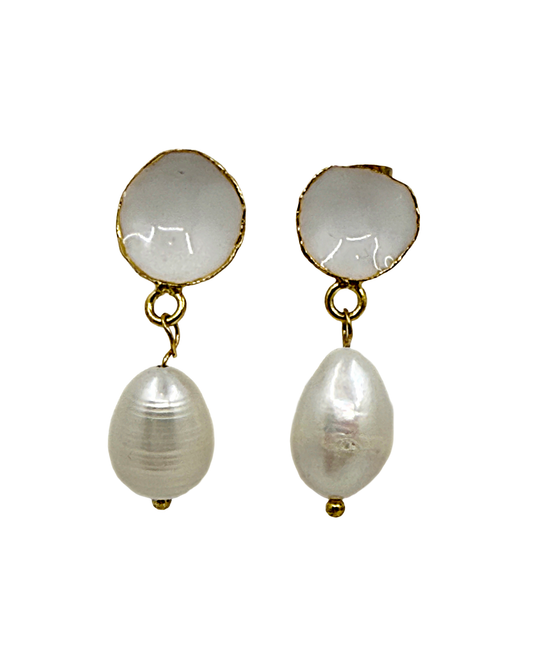 ARTIZ | ‘Enamel & Pearl’ Earrings | Bronze / freshwater pearl / white enamel