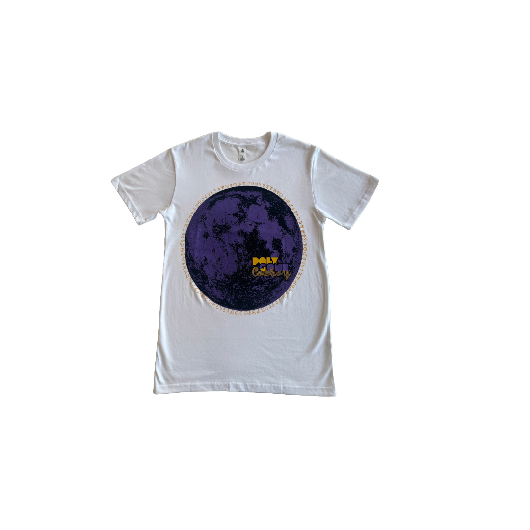 POLY GONE COWBOY | ‘Astro*Moon T-shirt' | Purple moon / white fabric