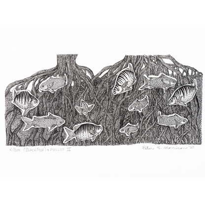 PETER B MORRISON | 'Kibim (Black Fish) & Mullet II' Drawing | Pen and ink on archival paper