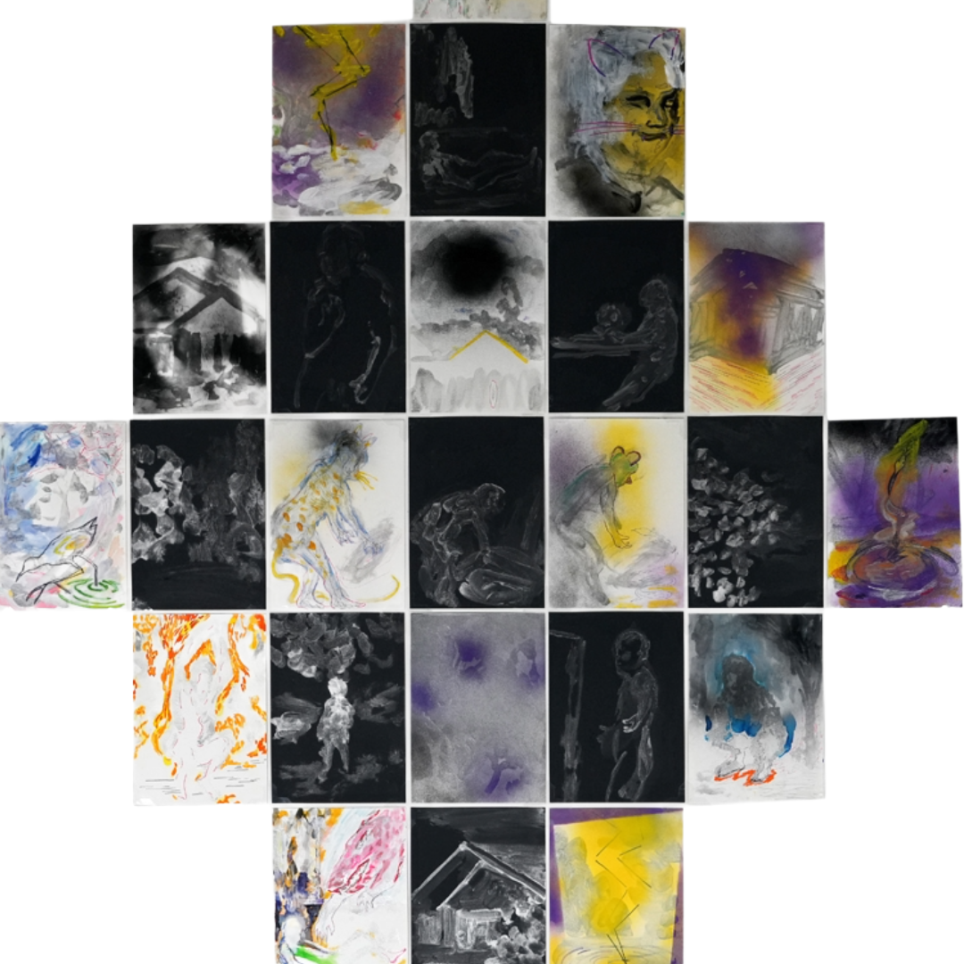 MARK MISIC | 'Lightning field - Temple of the Jaguar & the Rabbit Hunter' | 2025 | Mixed media on paper | H 2100 x W 1470 mm