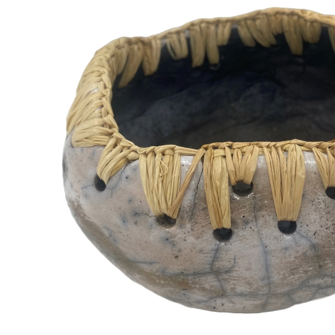 CHOLENA HUGHES | ‘Clay Weaving #6 | Raku fired pot with Madagascan raffia