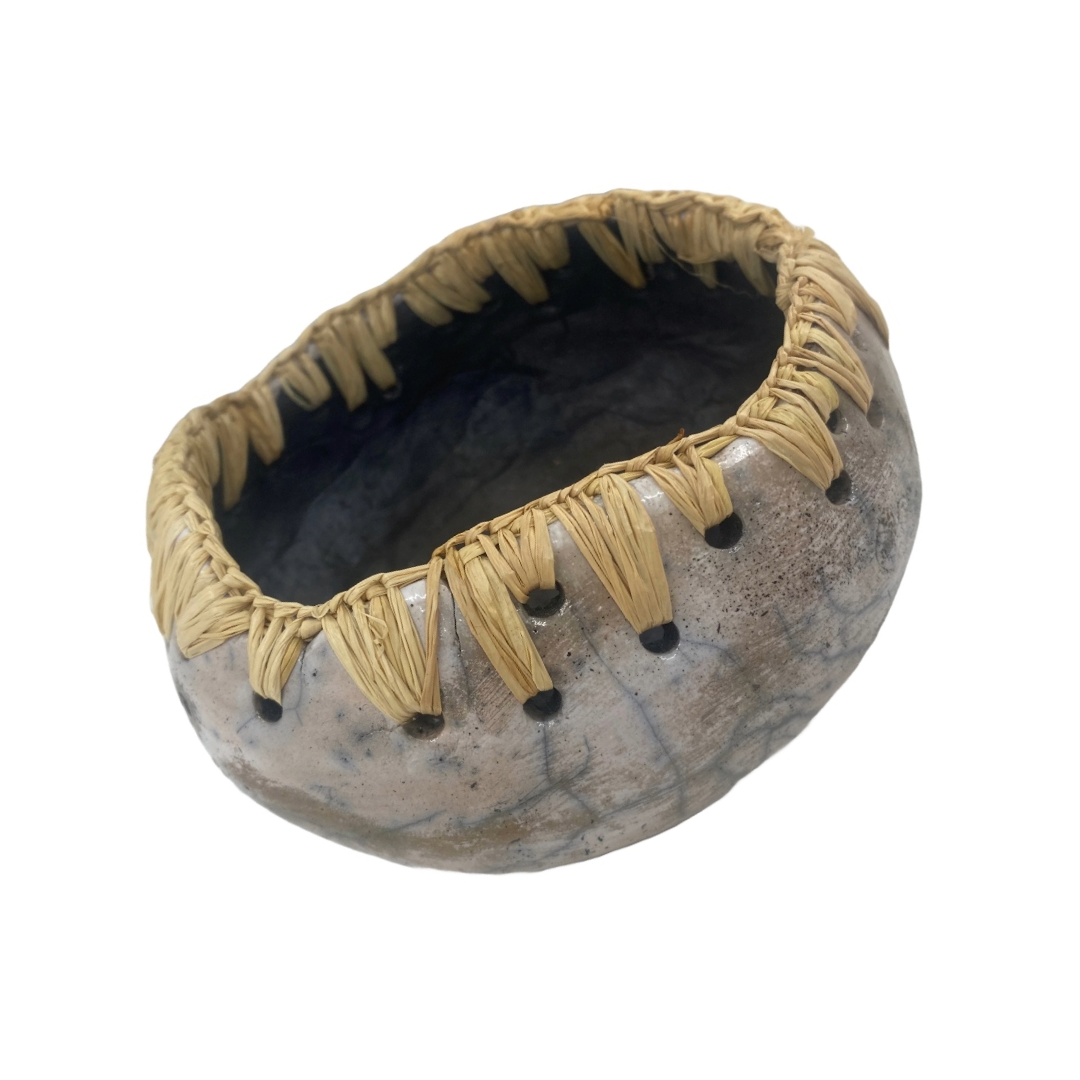 CHOLENA HUGHES | ‘Clay Weaving #6 | Raku fired pot with Madagascan raffia