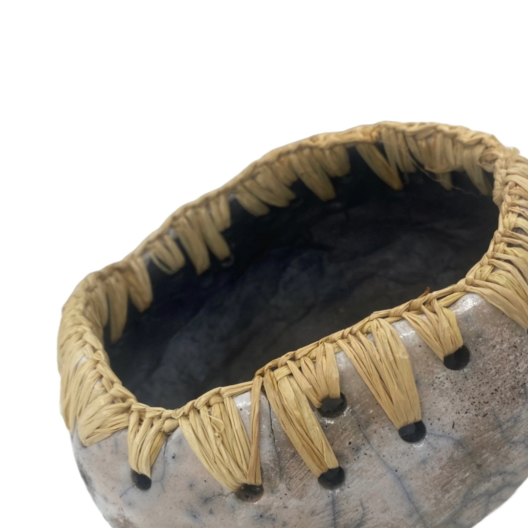 CHOLENA HUGHES | ‘Clay Weaving #6 | Raku fired pot with Madagascan raffia