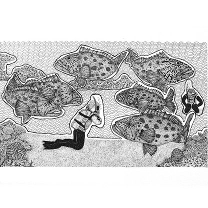 PETER B MORRISON | 'Feeding Potato Cod' | Pen + ink drawing