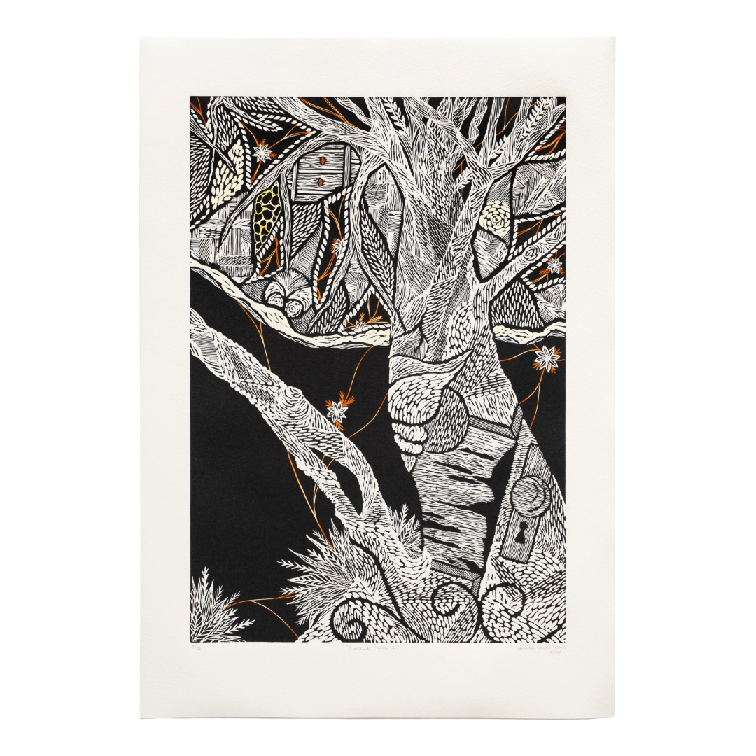 TAMIKA GRANT-IRAMU | 'Rosalie Place I' | Vinyl-cut Relief Print with hand coloured watercolour