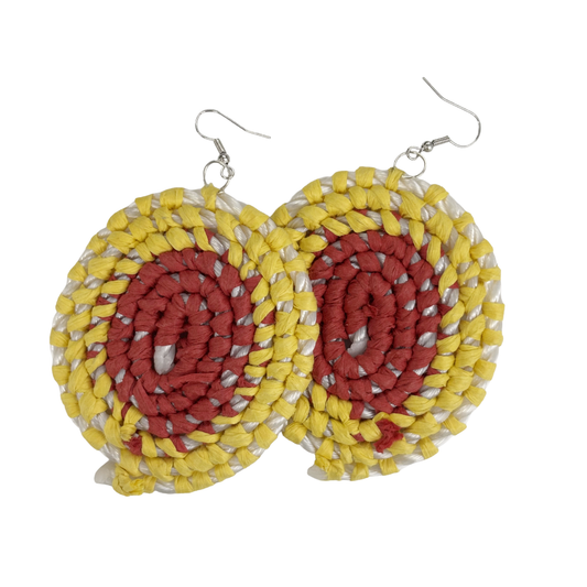 VENETTA DENHAM - Girringun Art Centre | 'Gundala - Large Woven Earrings’ | Red / yellow / white